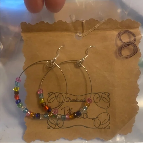 Multicolor Rainbow Color Glass Bead Hoop Earrings  Handmade by Paula - Picture 3 of 4